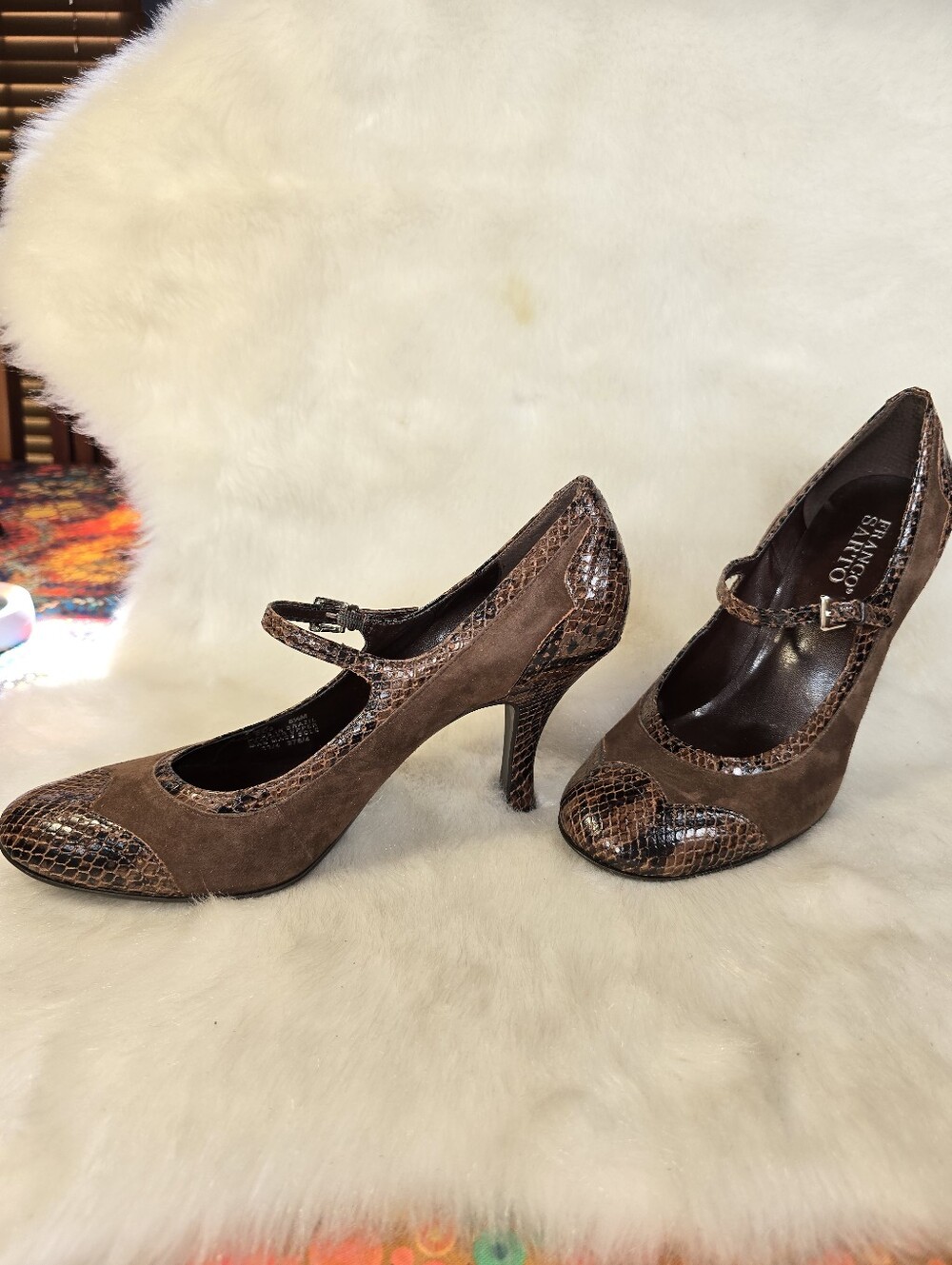 Franco Sarto Brown Suede & Snakeskin "Fallon" Mary Jane Kitten Heel Pumps - Picture 6 of 16